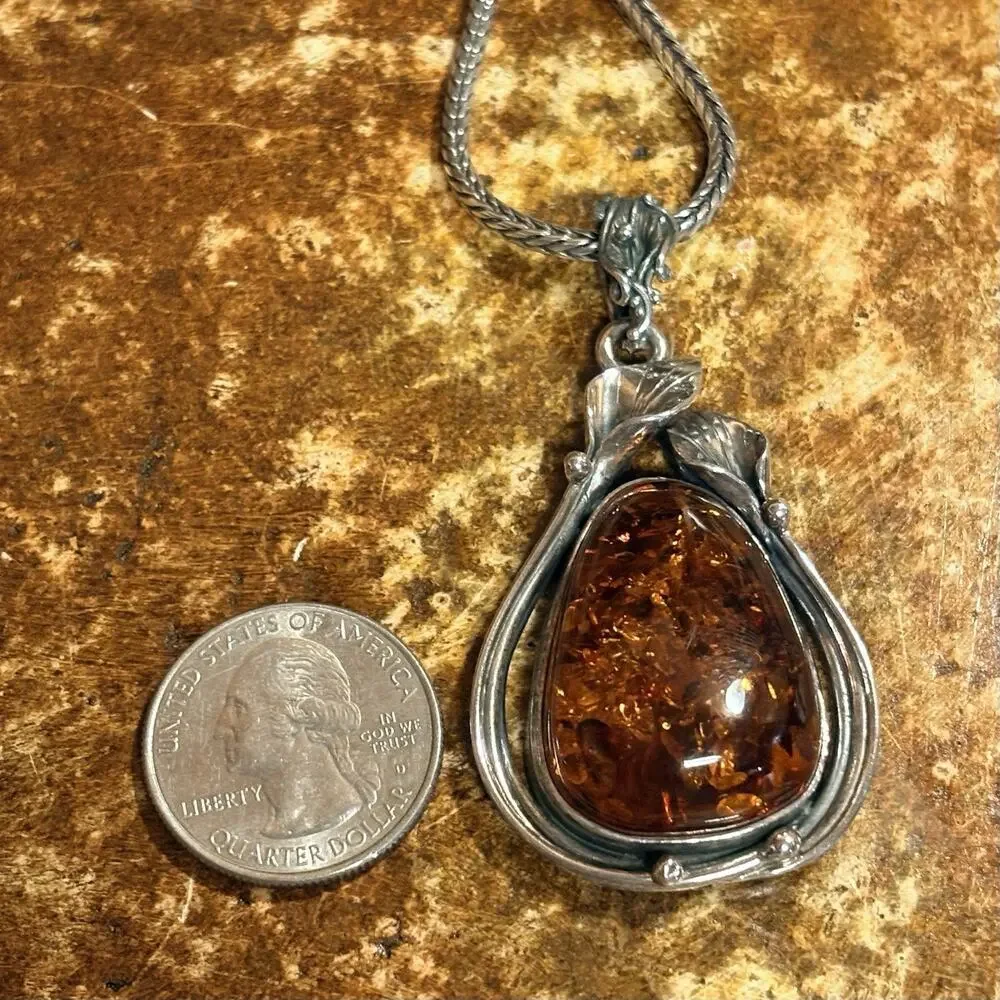 Sterling Silver & Baltic Amber Pendant w/ Calla Lily Designs 25 Inches Fox Tail